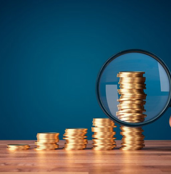 Stacks of coins observed through magnifying glass