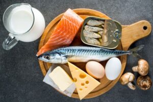 Variety of vitamin D rich foods viewed from above